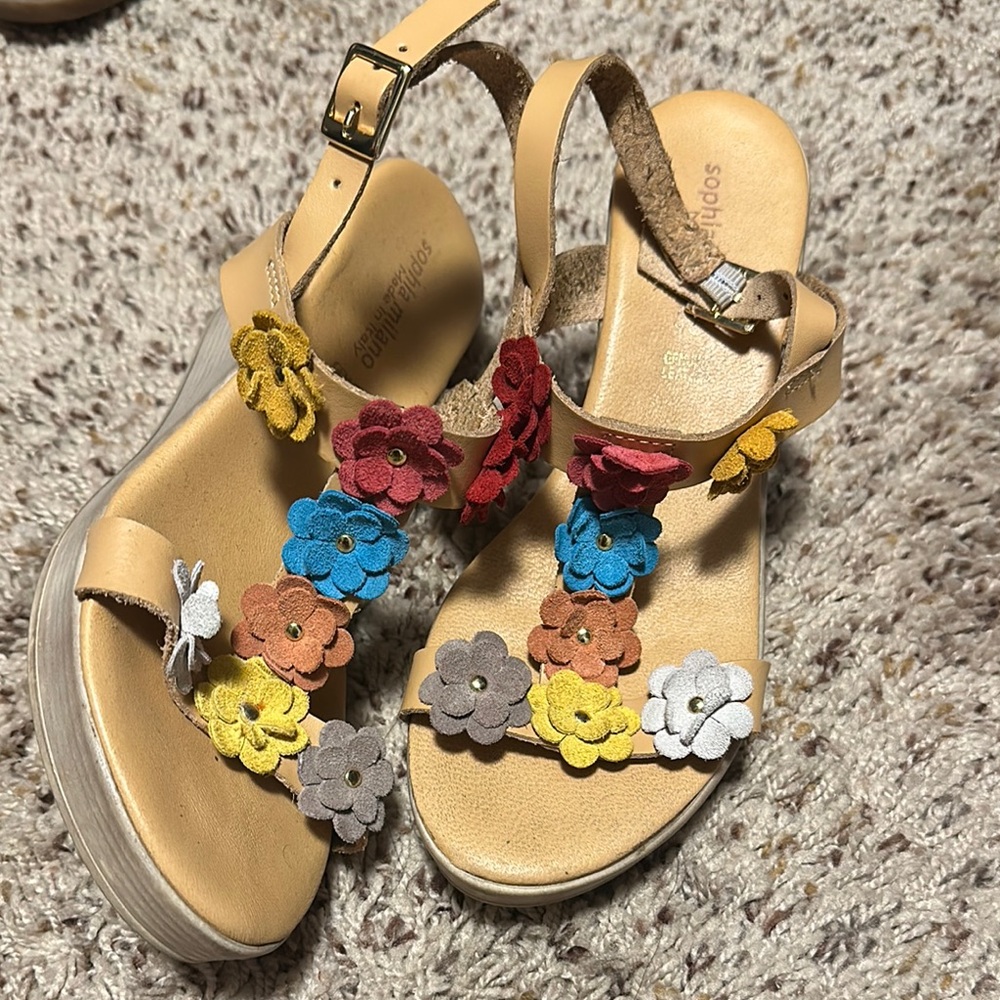 Sofft Tan Sandals with Colorful Floral Accents